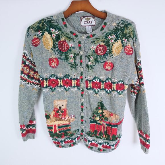 Vintage 2001 Tiara International Ugly Christmas Sweater Cardigan, Small - Picture 1 of 7